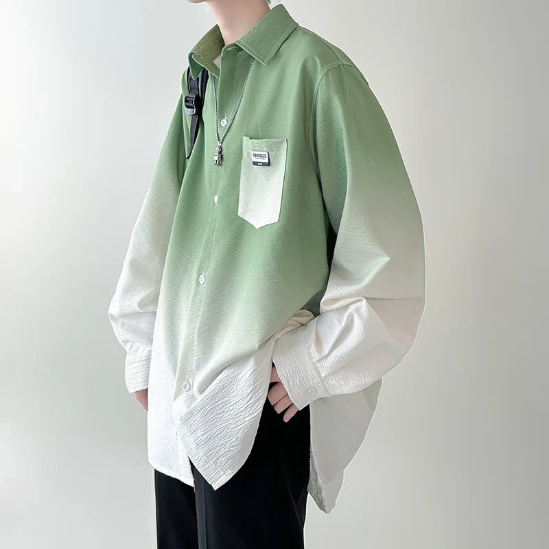 saferido Men's shirt Gradient Plicated Long Sleeve Shirts Loose Korean Shirt Fashion Casual Oversize Shirt Coat High Quality Clothing