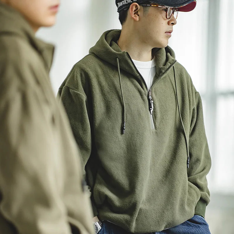 saferido Autumn Vintage Half Zip Fleece Hoodie Men's Dark Grey Warm Padded Sweatshirt Amekaji Army Green Oversize Pullover