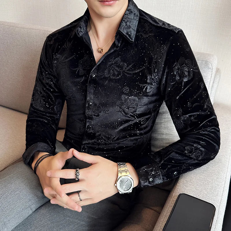 Camisa Masculina Autumn Winter Luxury Print Men's Social Shirt Long Sleeve Slim Elegant Velvet Shirts For Men Clothing Formal
