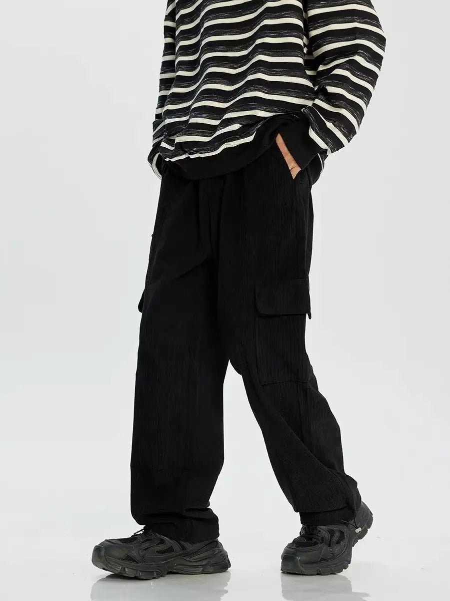 saferido Corduroy Cargo Pants Men Oversize Wide Leg Cargo Trousers Male Streetwear Hip Hop Harajuku Green Loose Japanese Vintage