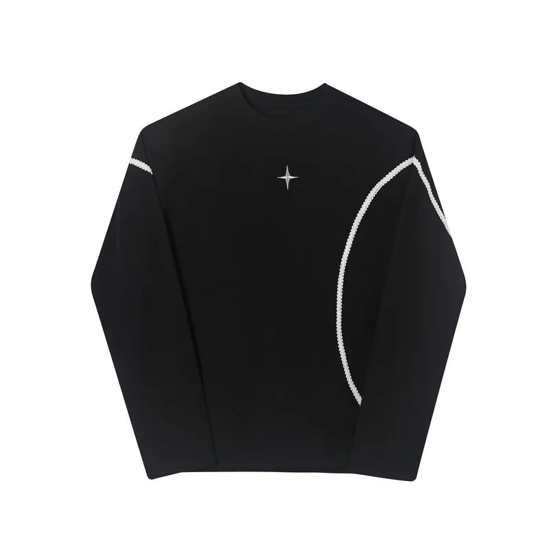 saferido harajuku Spring Autumn Men Clothing Long Sleeve Embroidery Shoulder Pad T-shirt Round Collar Casual T Shirts Tops For Male