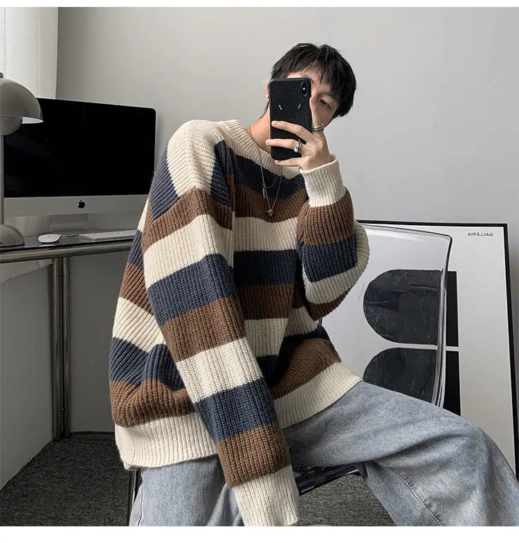 saferido Autumn Winter Sweater Men Pullover Korean Style Male Striped Sweater Loose Knitted Sweater Trend Thick Top Mens Clothing