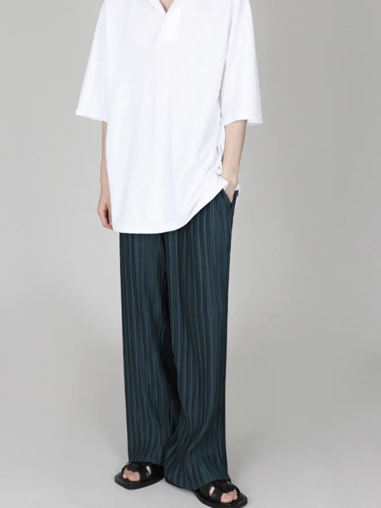 Men Clothing Spring Autumn Ice Silk Pleated Wide Leg Pants Elastic Waist Causal Loose Straight Trousers For Male