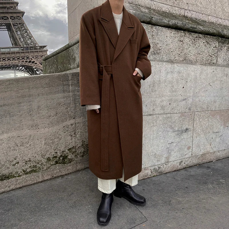 saferido Men's And Mixtures Coat Autumn Winter Mid Long Thickened Korean Trend Loose Overcoat Male New Bandage Waist