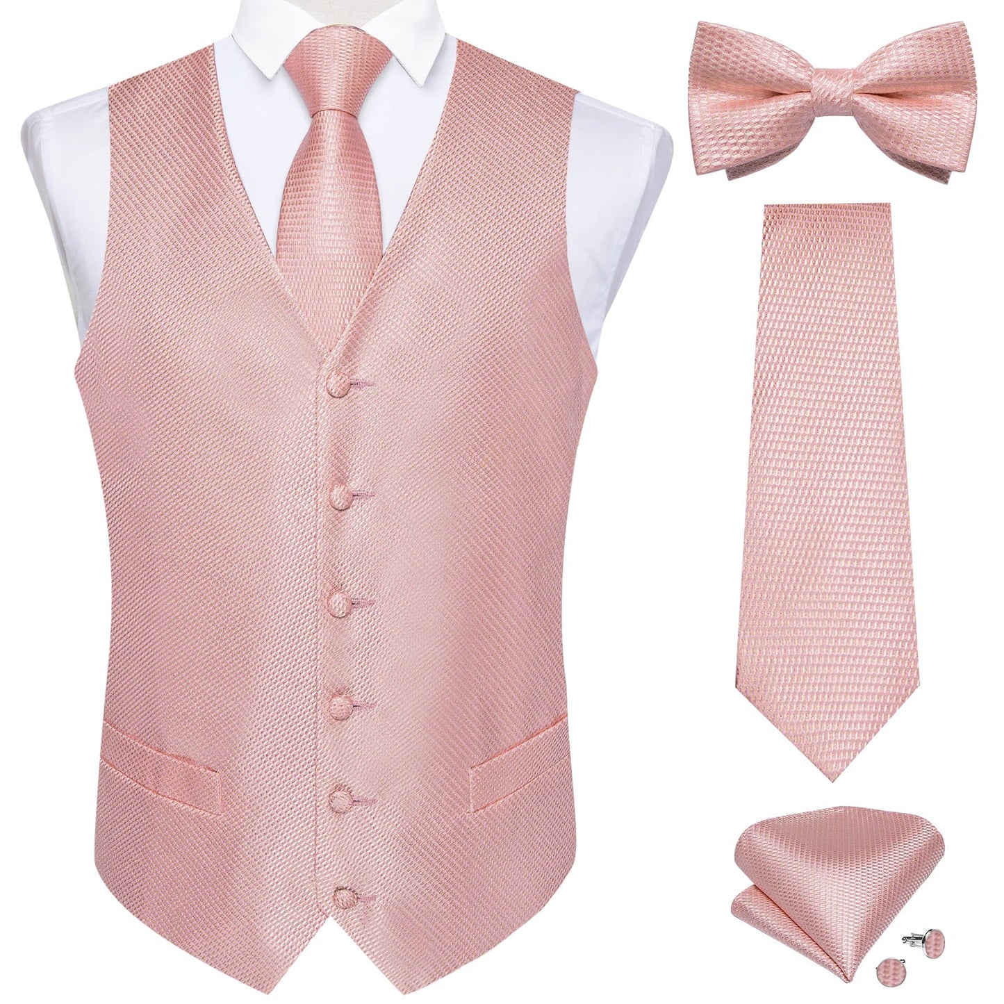 Men Black Paisley Vest Necktie Bowtie Pocket Square Cufflinks Dress Set Classic 5 PCS Business Waistcoat for Man