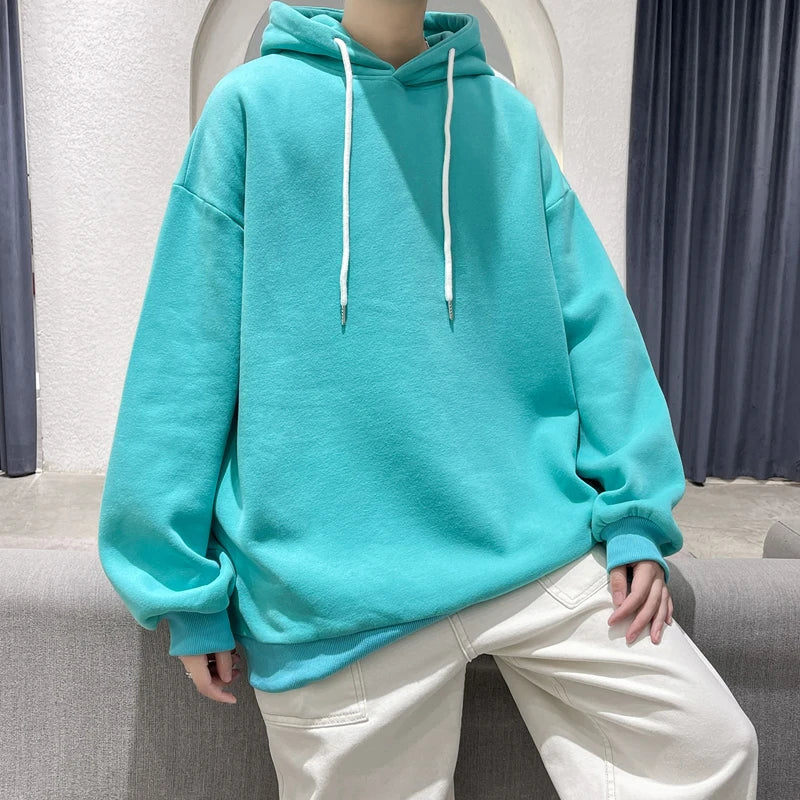 saferido Men's Multicolour Patternless Hooded Sweatshirt Korean Loose Large Size 5XL Casual Long Sleeve Top Simple Unisex Style T-Shirt