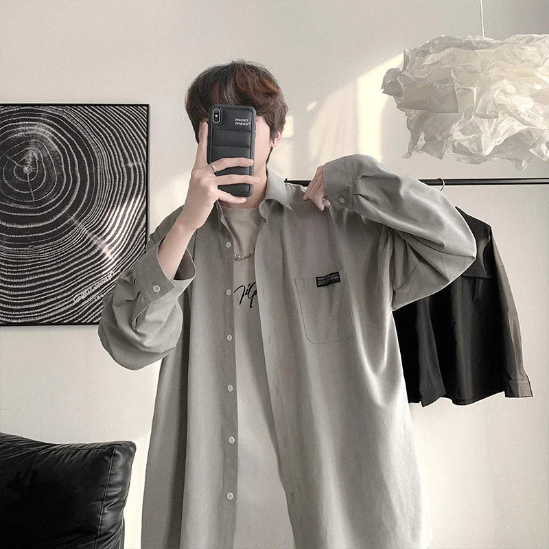 saferido men's spring and summer ins solid color long sleeve shirt men's Korean version trend basic style niche design shirt coat
