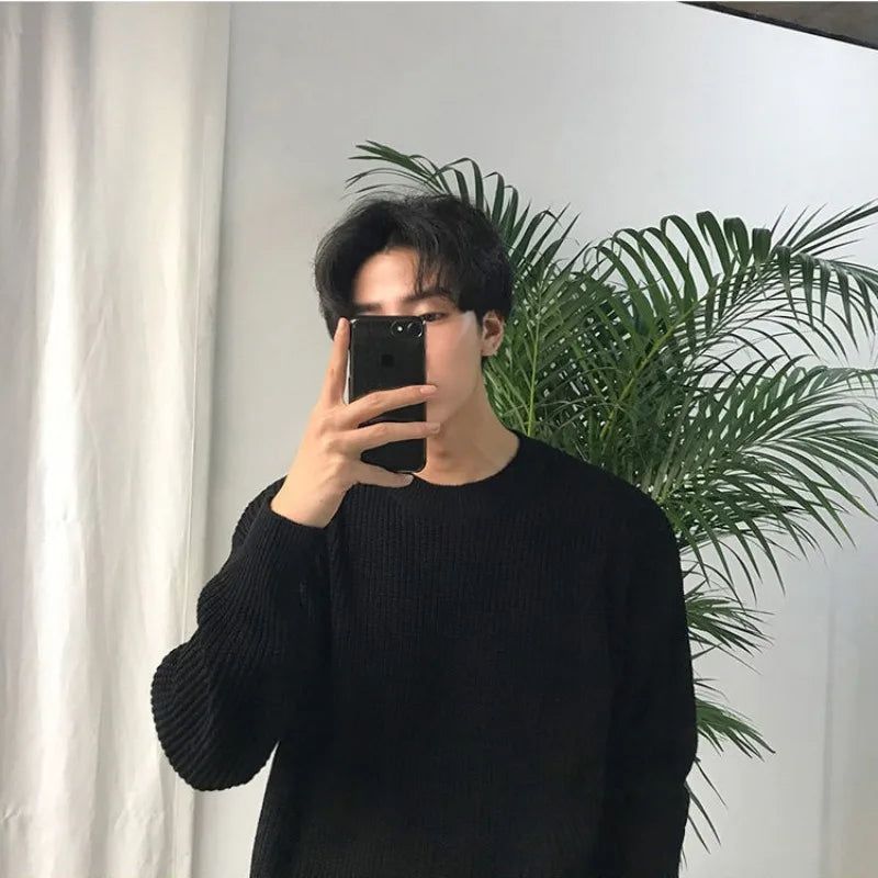 Autumn Mens Sweater Solid Color Loose Casual Bottoming Pullover Round Neck Japanese Warm Knitted Sweater