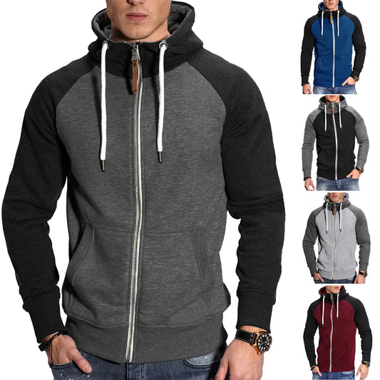 Autumn and Winter Men's Color Matching Sport Plus Fleece Cardigan Hoodie Casual Fashion European Code with Rotator Sleeve Coat