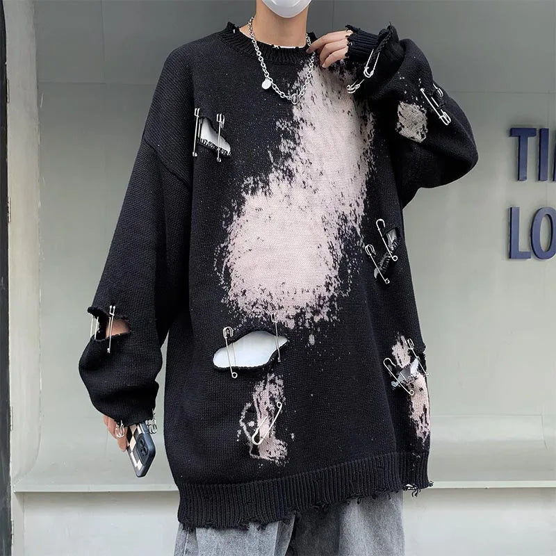 saferido Spring Autumn Men's New Round Neck Loose Pullovers Male Oversize Hole Sweater Tops Men Long Sleeve Knitted Tops S844