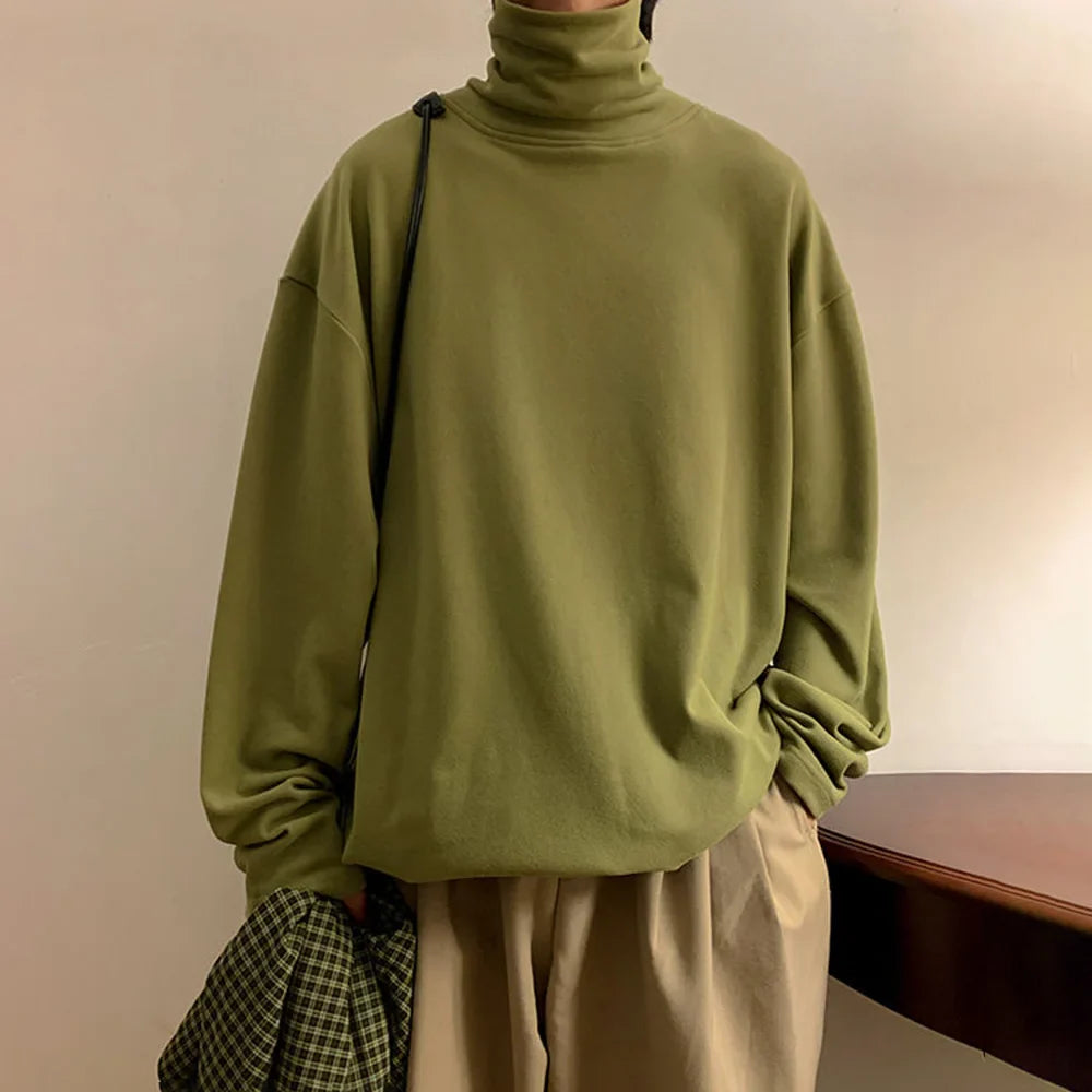 saferido Mens Pullover Japanese Stylish Solid Harajuku Long Sleeve Top Fashion Turtleneck Cozy Baggy Fit Casual Daily Top Men's Clothing