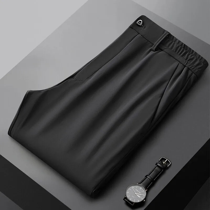 Summer Casual Pants Men Thin Business Stretch Slim Elastic Waist Jogger Korean Classic Thin Black Gray Blue Trousers Male