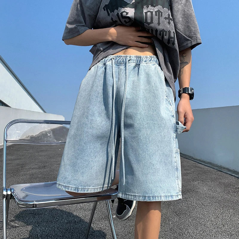 saferido Korean Style Summer Men's Blue Baggy Denim Shorts New Street Apparel Workwear Large Pocket Wide Leg Denim Shorts Blue