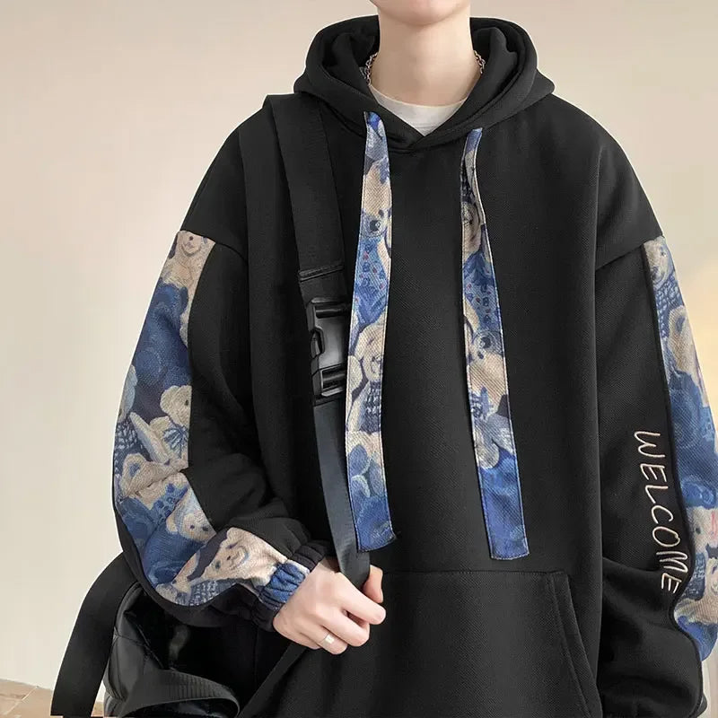 saferido Korean Style Streetwear Men Hooded Sweatshirt Trendy Side Embroidery Design Loose Hoodie Casual Drawstring Hoodies