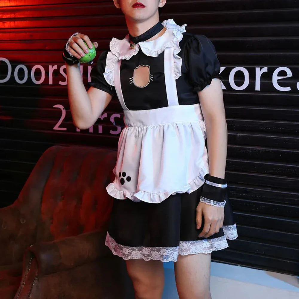 saferido Mens Sexy Cute Dress Suit Genderless Youth Japanese Style Cosplay Lolita Male Maid Maid Headband Neckband Wristband Skirt Suit Unisex