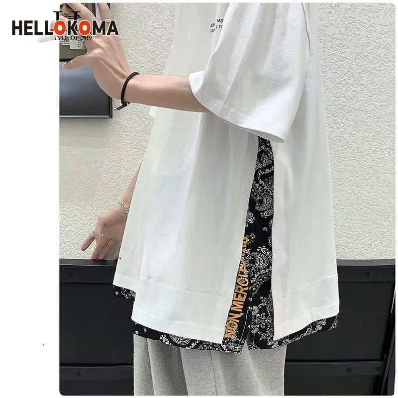 saferido Street Casual Fashion Loose Pullovers Patchwork T-Shirts Short Sleeve Man Spring Summer Thin Hooded Round Neck Men's Clothing