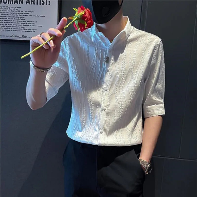 saferido Spring Casual Shirt Men Half Sleeve Slim Fit Business Formal Dress Shirts Social Party Nightclub Stripe Tuxedo Men Clothing 3XL