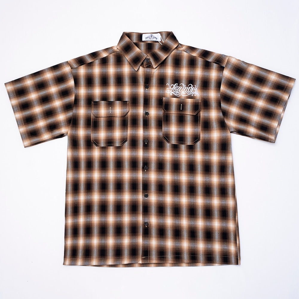 Harajuku Summer Letter Eembroidery Short Sleeve Plaid Shirt Men's Lapel Patchwork Hip Hop Overalls Streetwear Vintage Loose Tops