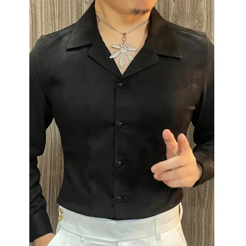 saferido Spring Cuban Collar Casual Long Sleeve Shirt For Men British Luxury Solid Color Shirt Business Formal Dress Shirt Camisa Hombre