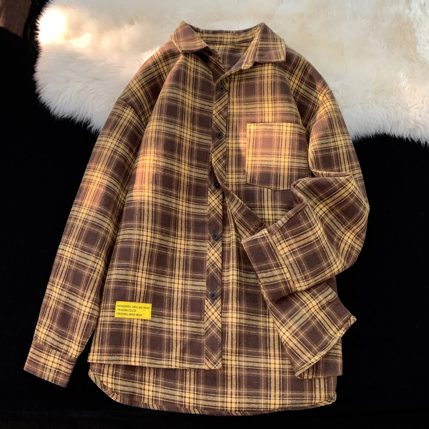 saferido Retro Plaid Long Sleeve Shirt Men Spring Fall Loose Shirt Turn-down Collar Blouse Hip Hop Streetwear Male Shirts