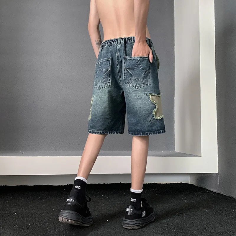 saferido Patch embroidered denim shorts for men's summer American high street capris casual breeches loose fitting youth pants