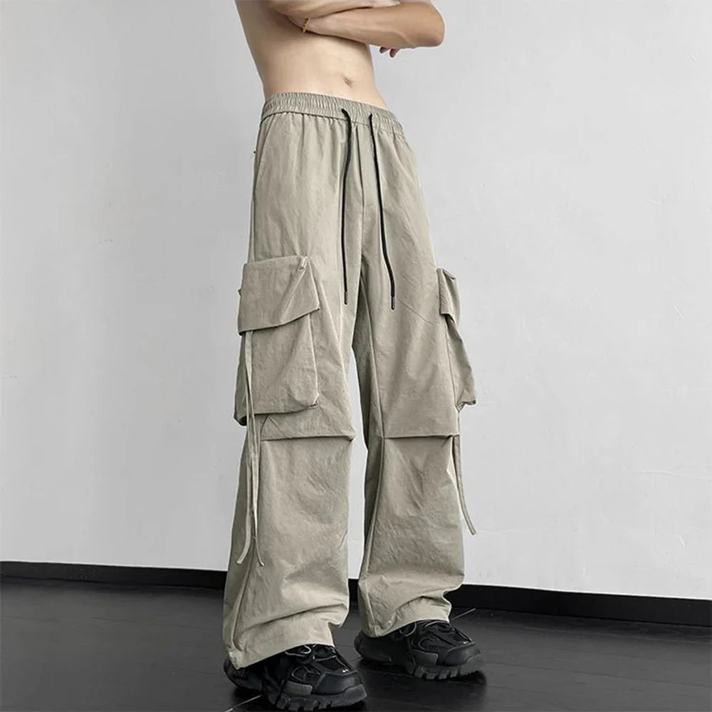 saferido Mens American Street Workwear Style Casual Wide-Leg Pants Genderless Autumn Winter Trendy Velvet Warm Pocket Trousers Unisex