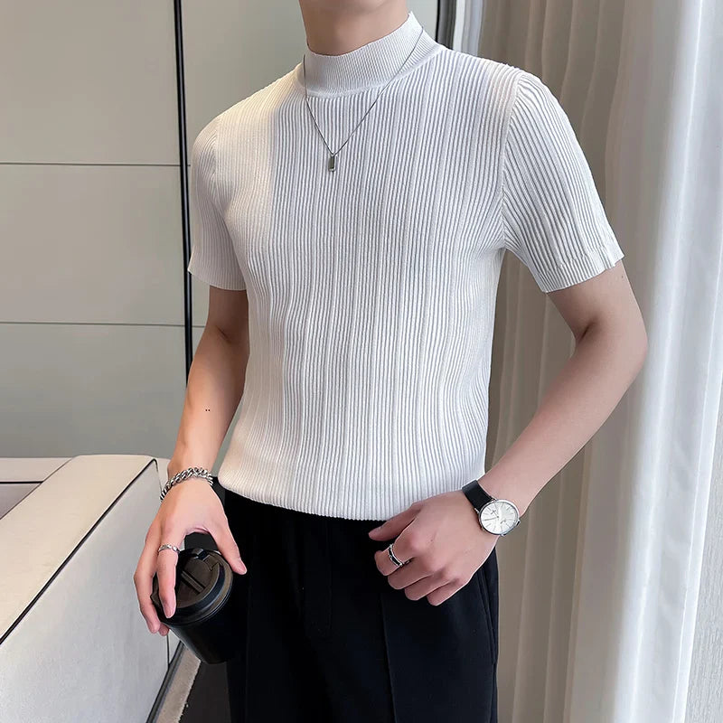 saferido Korean style Tees Men Summer Casual Knit T-shirts/Male slim fit stripe High neck knitting T-shirt 4XL