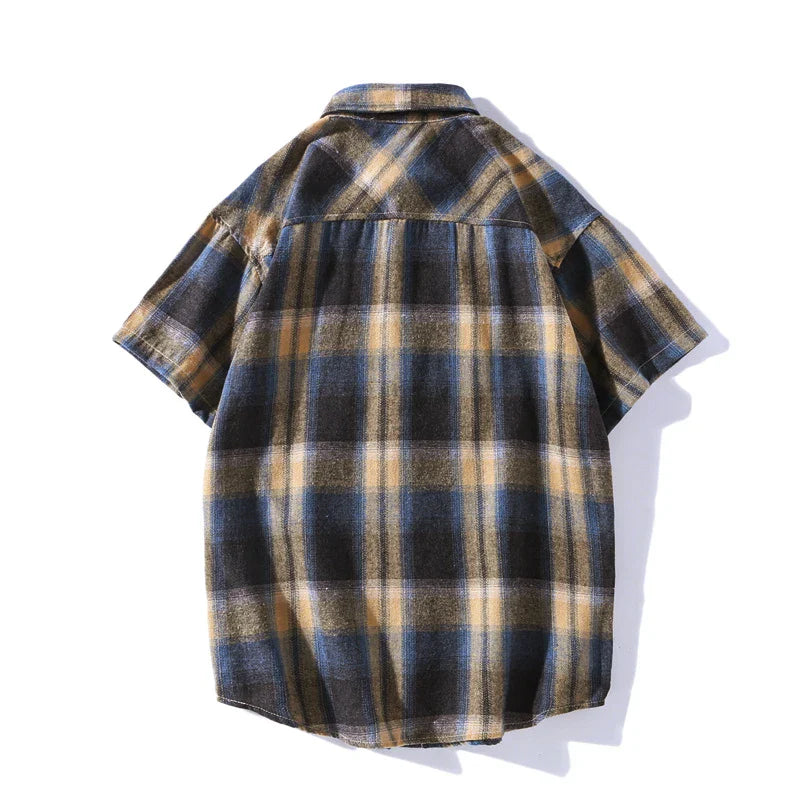 saferido Korean Style Plaid Shirts For Men Short Sleeve Fashion Turn-down Collar Blouses Hip Hop Male Clothing