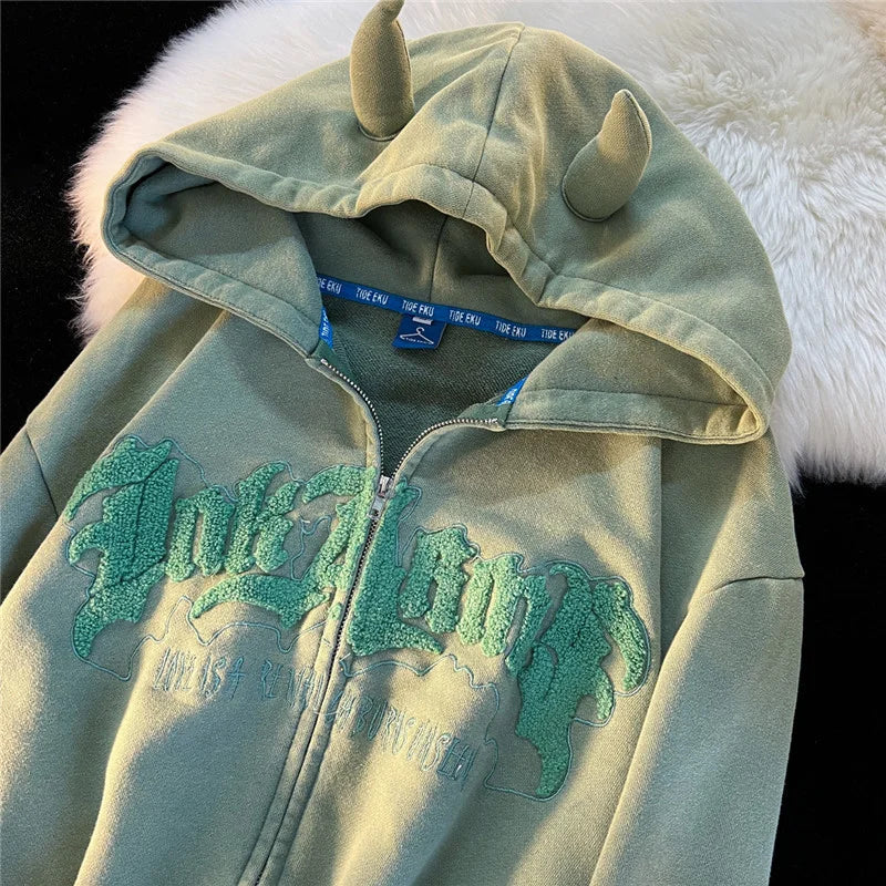 saferido Y2k Little Cute Devil Horns Zip Up Hoodie Women Men Fall Long Sleeve Flocking Letter Hoodies Casual Zipper Oversized Jacket Coat