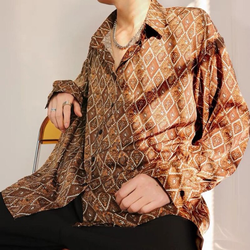 Men's Korean Vintage Floral Print Shirt Long Sleeve Button Loose Casual Hawaii Flower Shirt Snake Print Fashion Shirt for Men