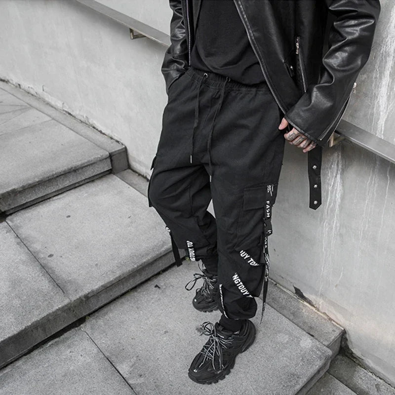 saferido Techwear Cargo Pants Men Joggers Black Cargo Trousers for Men Jogging Japanese Streetwear Hip Hop Hippie Gothic Ribbon