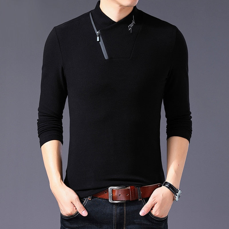 Brand New Style Cotton Men's T-shirt Long Sleeve T Shirt Men Solid Color Zipper Print Collar Oversized T Shirt