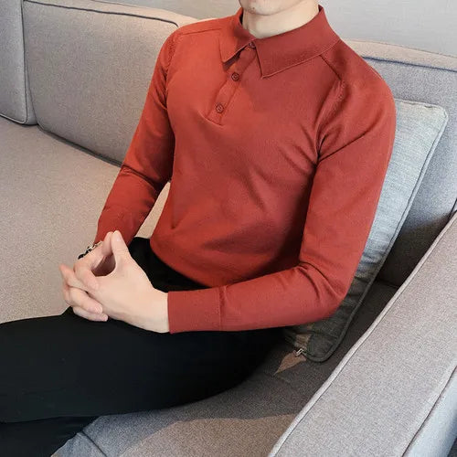 saferido Summer Mens Long-Sleeved Knitted Casual POLO Shirts Contrast Color British Slim Fit Lapel POLO Shirt Men Clothes S-3XL