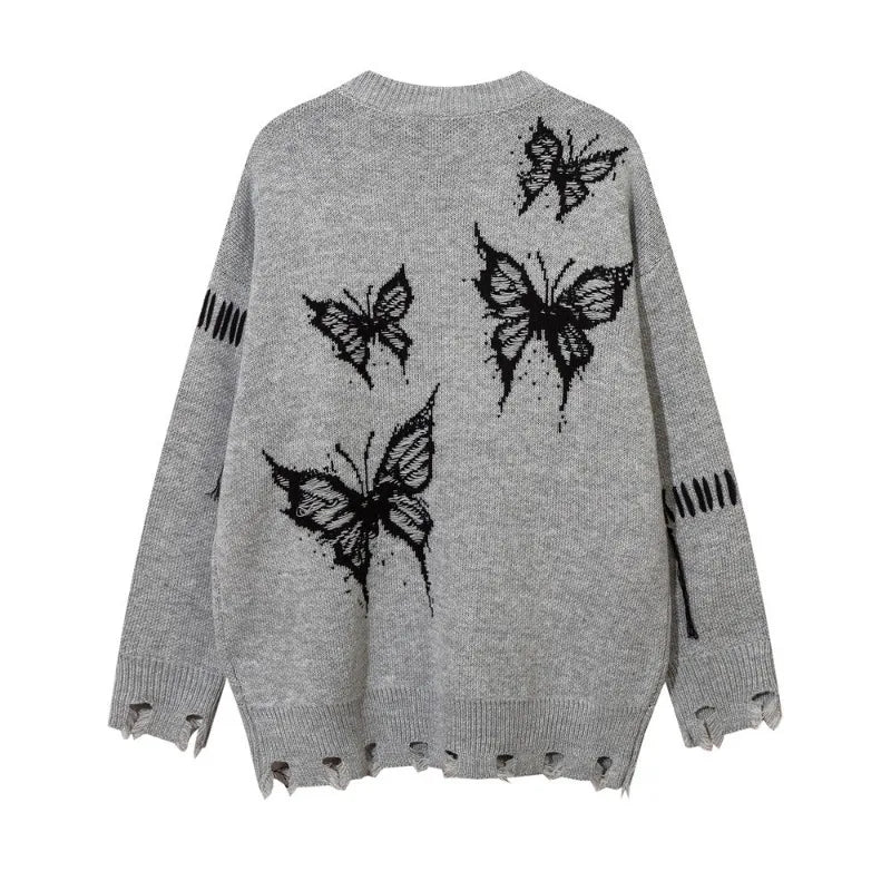 saferido High Street Trendy Men Sweater Dark Butterfly Jacquard Round Neck Pullover with Hole in The Bottom Hem Knitwear Spring Autumn