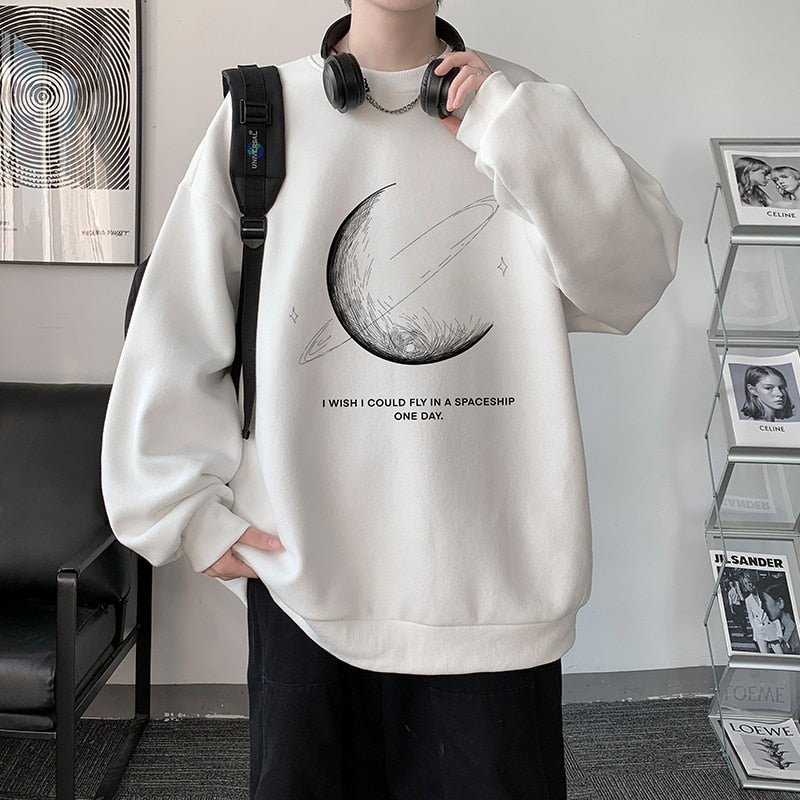 Winter Warm Sweatshirts New Men Simple Stroke Moon Graphic Pullovers Oversized Korean Style Man Letter Print O Neck Tops