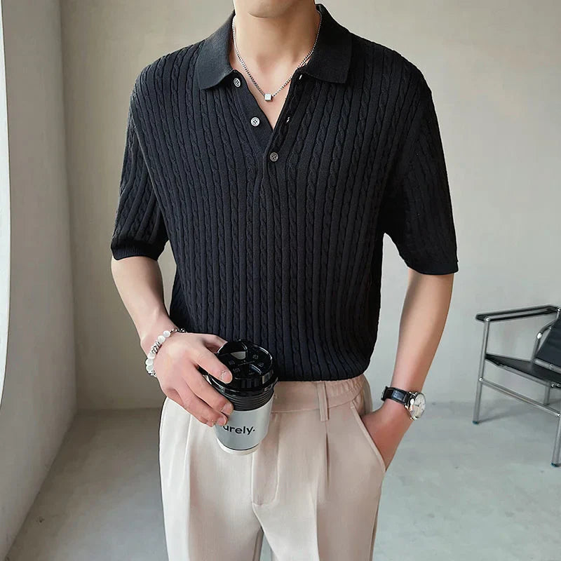 saferido Summer Men's Half Sleeve Knitted T-shirt Polo Lapel Collar Top Slim Fit Tshirts British Style Clothes Solid Color T Shirts