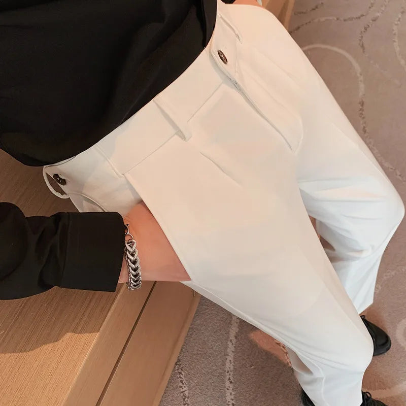 saferido British Style Men High Waist Casual Business Dress Pants Streetwear New Fashion Social Belt Decoration Slim Fit Suit Pants