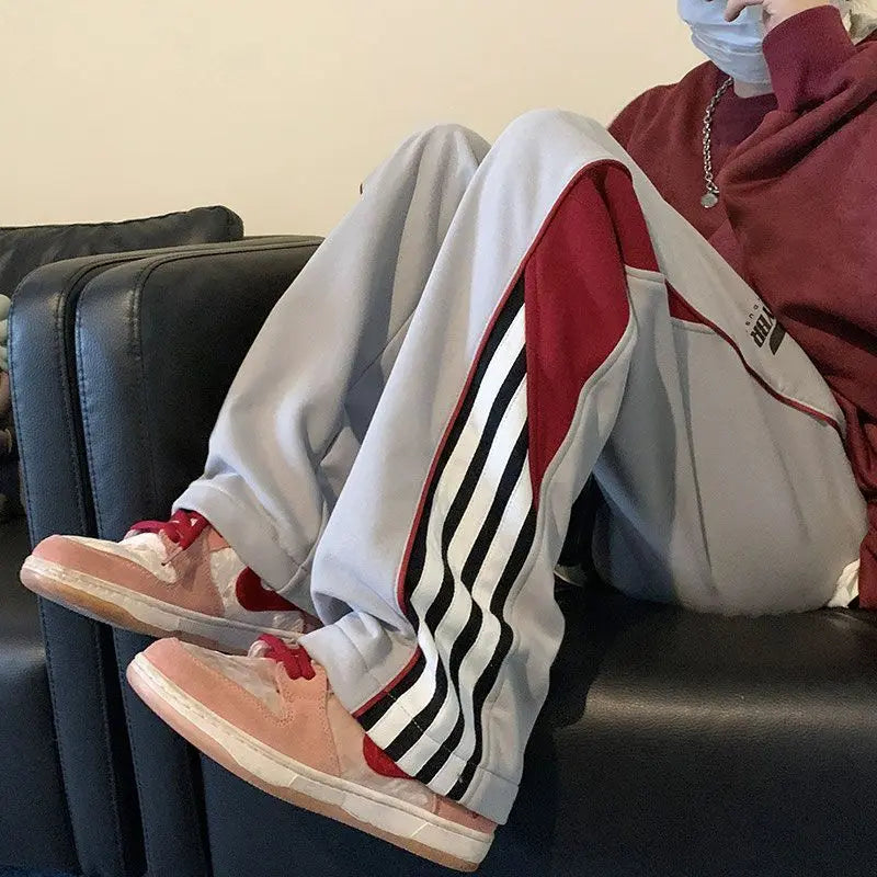saferido American High Street Loose Straight Wide Leg Pants Men's Autumn Contrasting Stripes Drawstring Pockets Patchwork Sports Trousers
