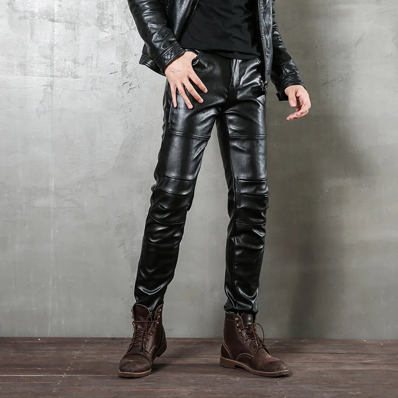 saferido Men's Black Leather Pants Slim Fit Stretch Personality Simple Thin Punk Style PU Leather Men's Pants Motorcycle Dance Party