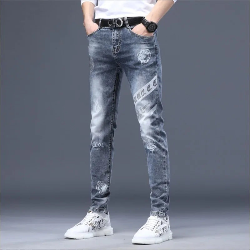 saferido Mens Denim Print Pants Jeans Korea Slimming Trendy Casual Jeans All-match Streetwear Light Luxury Men Jeans Pants for Men