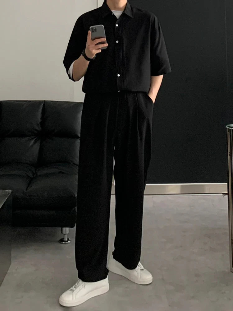 saferido Men Short Sleeve Shirt 2024 Summer New Korean Style Single Breasted Lapel Business Casual Top Solid Color Male