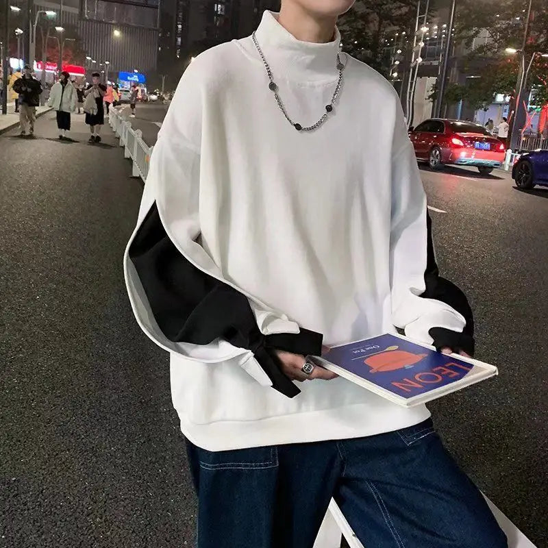 saferido Stylish Stand Collar Spliced Loose Fake Two Pieces T-Shirt Men's Clothing Spring New Casual Pullovers All-match Tee Shirt