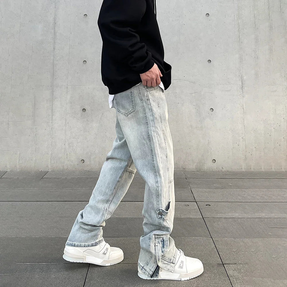 Streetwear Jeans Men Y2k Autumn Fashion Casual Zip Flared Trousers Slim Blue Vintage Winter Stacked Street Original Denim Pants