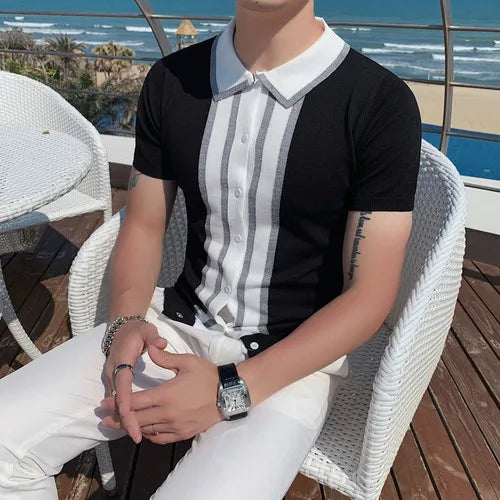 saferido Spring Men Short Sleeve Polo Contrast Stripes Lapel Top Korean Slim Knit Men Polo High Quality Tee Shirt Camisa Hombre 4XL