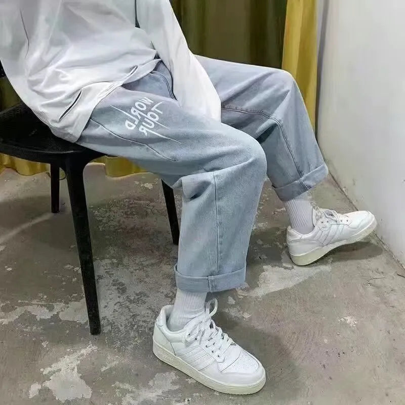 Loose Men's Jeans Vintage Star Straight Man Cowboy Pants with Print Retro Hip Hop Grunge Y2k Baggy Washed Trousers Ripped Punk L