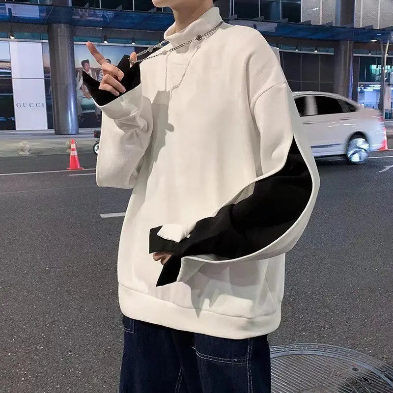 saferido Stylish Stand Collar Spliced Loose Fake Two Pieces T-Shirt Men's Clothing Spring New Casual Pullovers All-match Tee Shirt