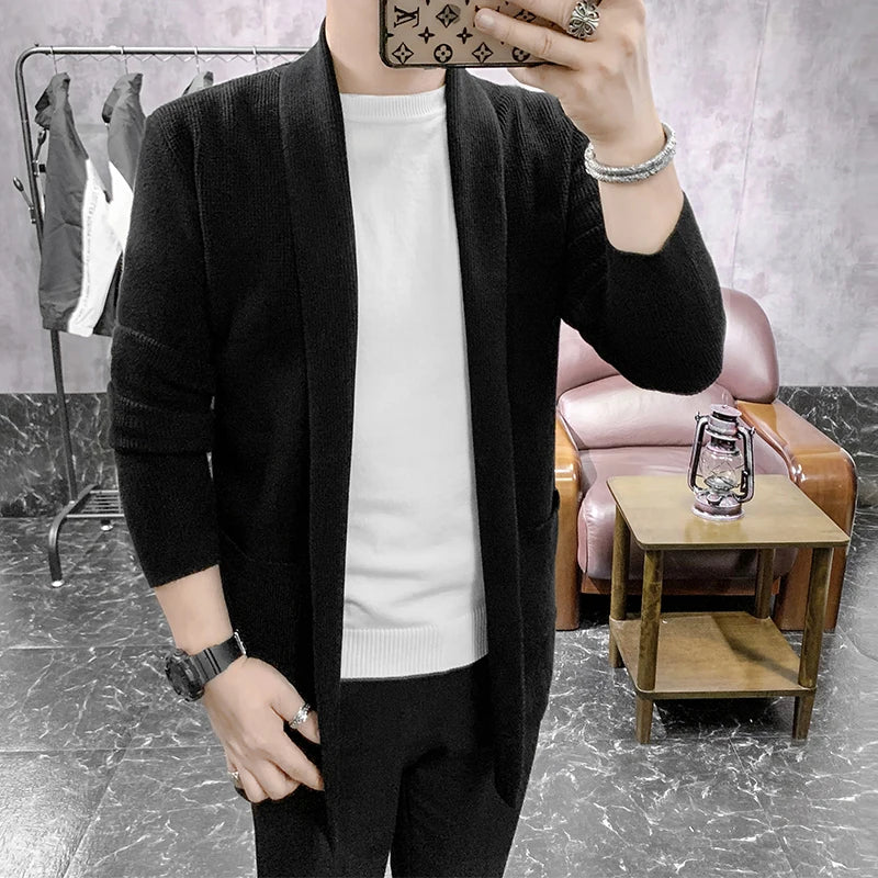 New Mid Length Cardigan Men Spring Autumn Kintted Mens Sweatercoat Fashion Slim Casual Solid Color Knitting Cardigan Outerwear