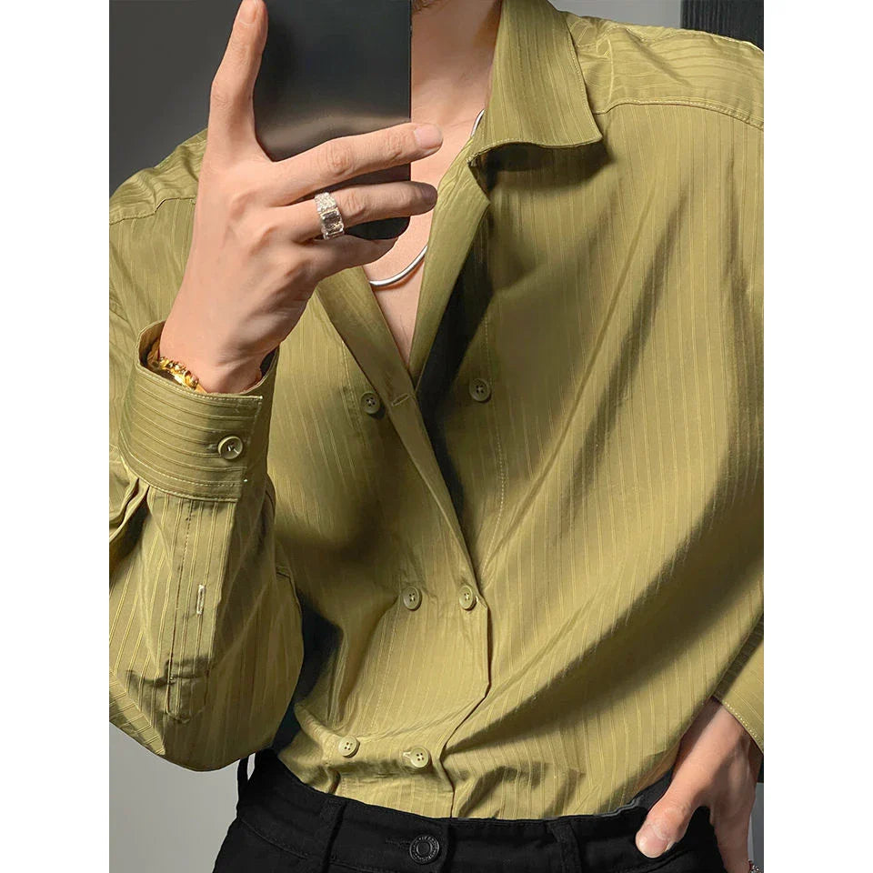 High-end Simple Striped Double Breasted Shirt for Men Autumn New Korean Style Trendy Solid Color Long Sleeves Men's Social Shirt