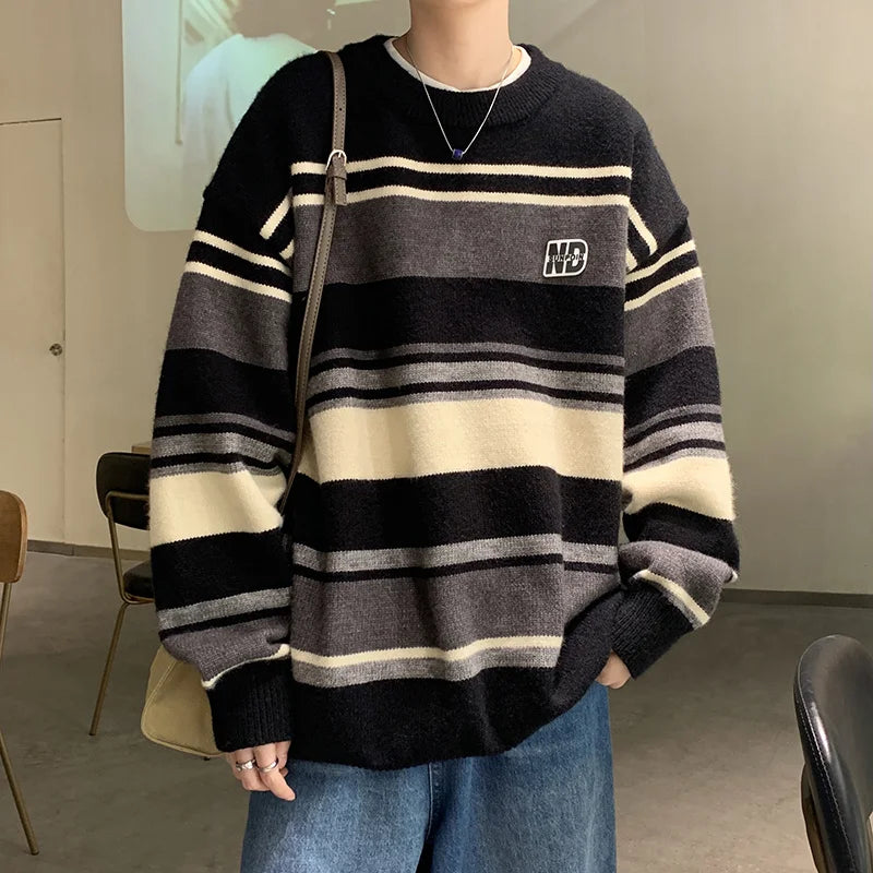 saferido Literature and Art Men's Loose Stripe Round Neck Knitwear Men's Autumn Oversize Lazy Sweater men coat winter clothes sweter