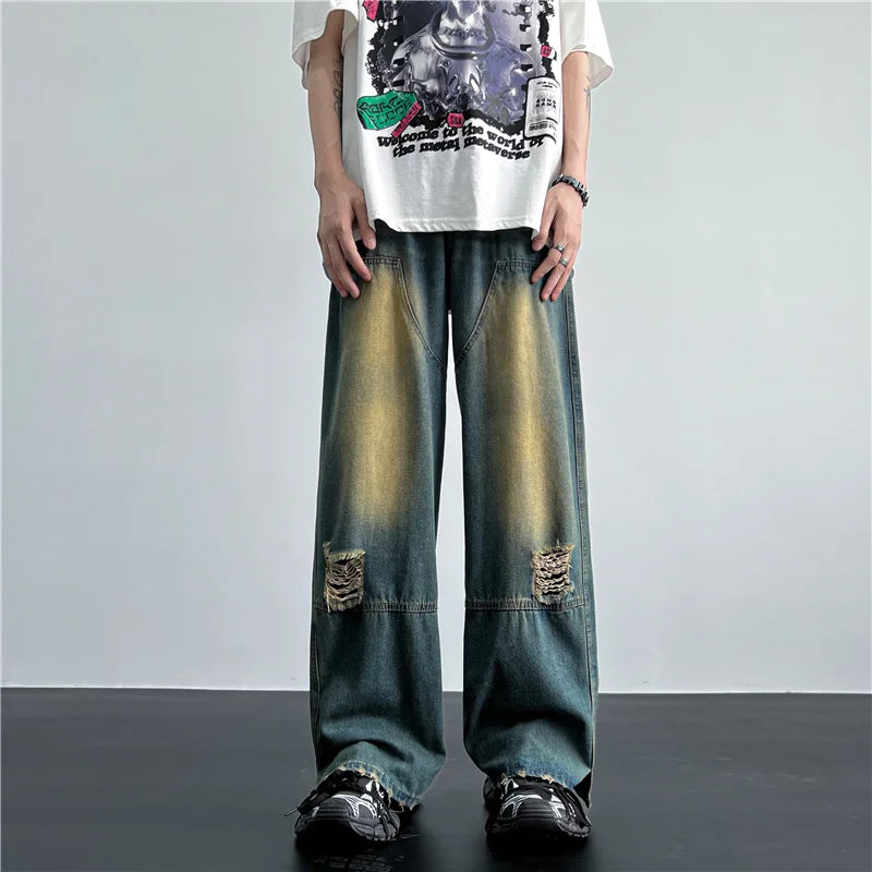 saferido Men's Hip Hop Ripped Hole Jeans Korean Handsome Casual Pants High Street Straight Loose Wide Leg Jeans Vintage Blue Baggy Jeans